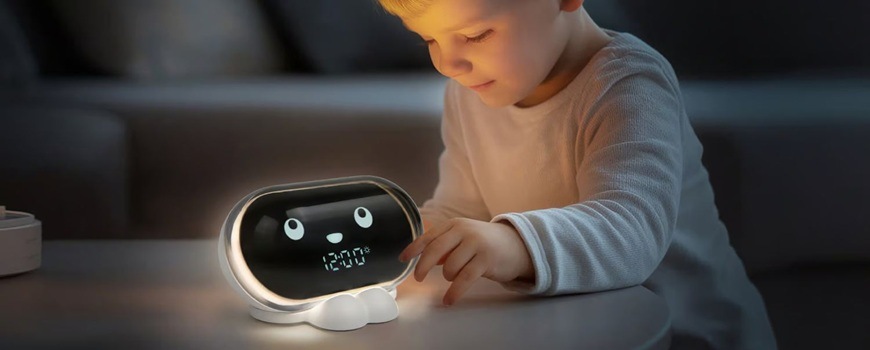 Budík MUSE M-16 KIDS biely Malé dieťa sa hrá s budíkom MUSE M-16 v bielom prevedení.
