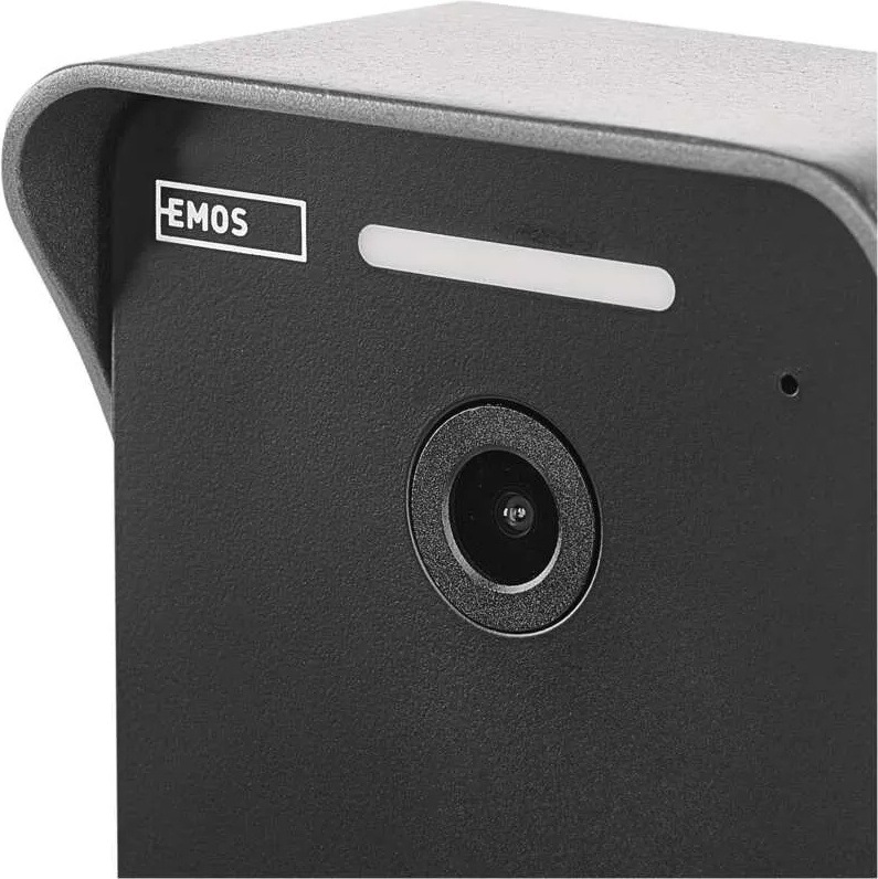 Videozvonček EMOS GOSMART IP-21PoE (keypad) sivý Detail videozvonku EMOS GoSmart IP-21 s FHD kamerou a ochrannou strieškou proti dažďu