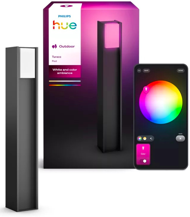 Svietidlo Philips Turaco Hue post vedľa balenia a telefónu s výberom farby svetla