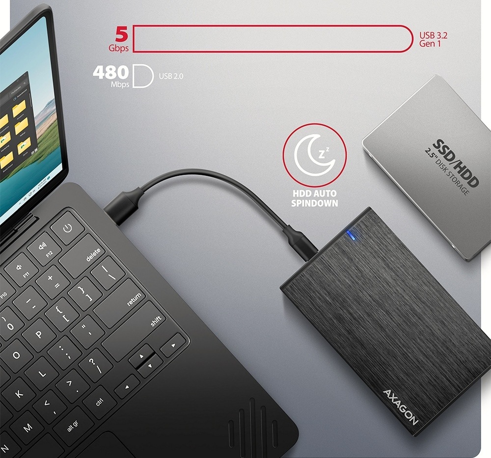 Externý rámček Axagon Aline box 2.5", USB-C 5 Gbps - SATA 6G čierny Notebook s pripojeným rámčekom Axagon Aline box