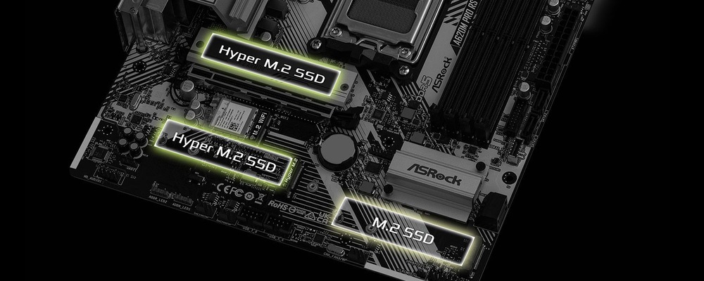 Základná doska ASRock A620M PRO RS s vyznačenými oblasťami označujúcimi slotmi pre SSD disky Hyper M.2. Vidíme logo ASRock a textové popisky SSD slotov.