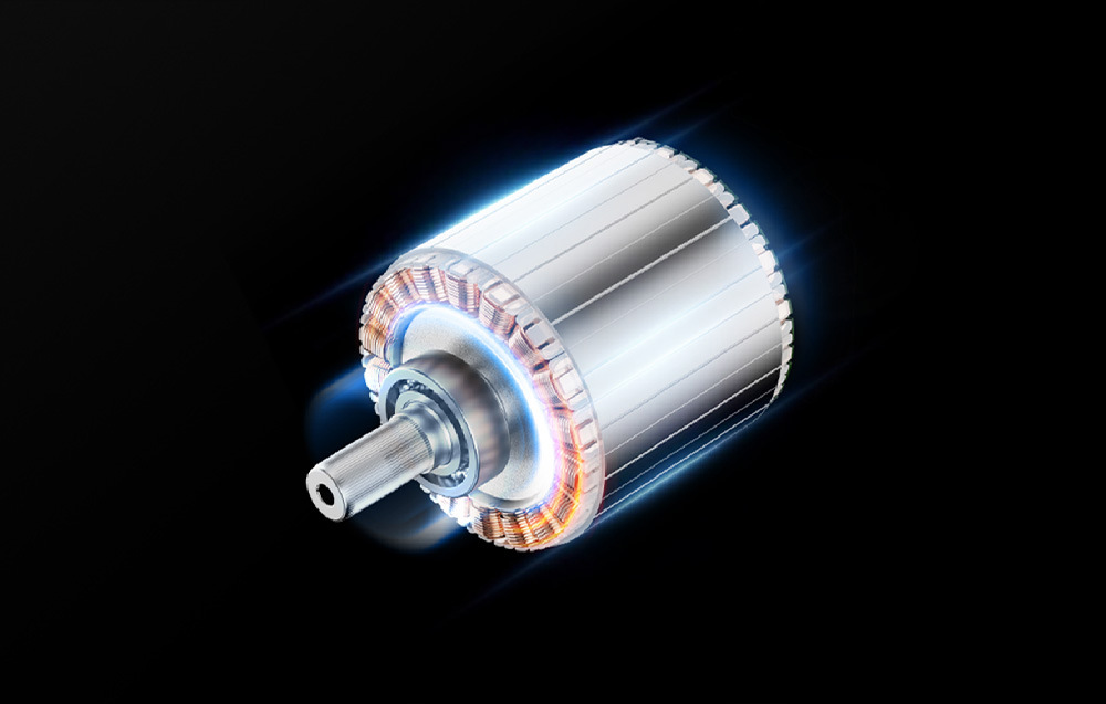 Základňa Moza Racing R21 Ultra Direct Drive hliník Kovový rotor elektromotora so žiariacimi okrajmi na čiernom pozadí.