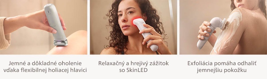 Koláž funkcií dámskeho holiaceho strojčeka Philips BRE748/00 v bielej farbe zobrazujúca holenie s flexibilnou hlavicou, použitie SkinLED osvetlenia a exfoliačný nástavec na odstránenie odumretej pokožky.