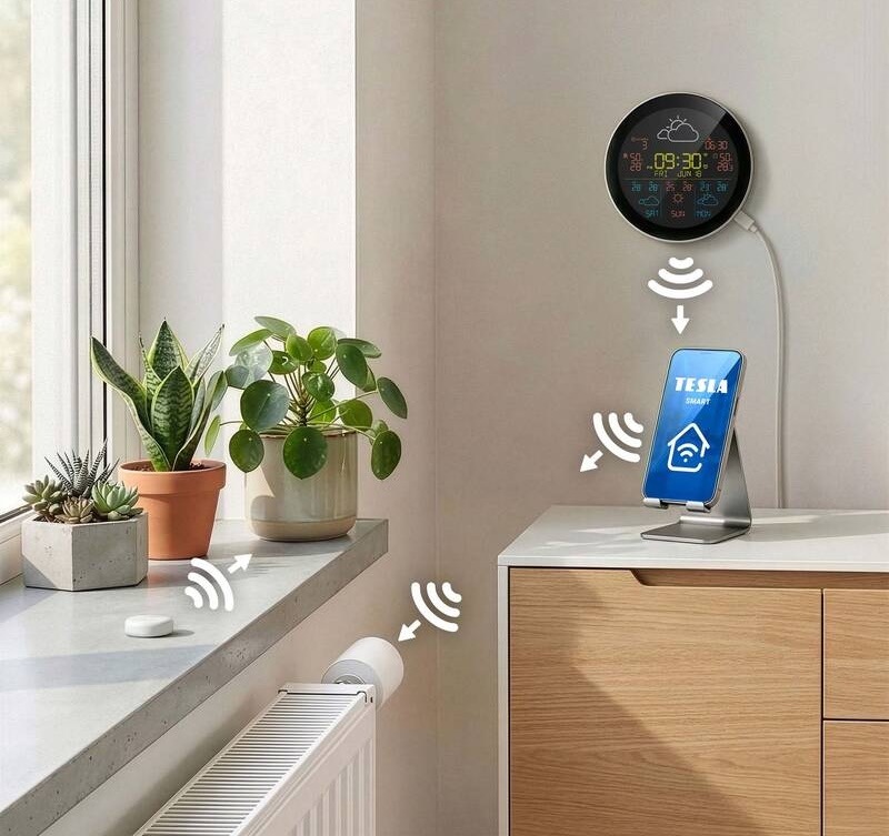 Meteorologická stanica Tesla Device MS360se biela Schéma prepojenia chytrej meteostanice TESLA so senzorom a termostatom v domácnosti.