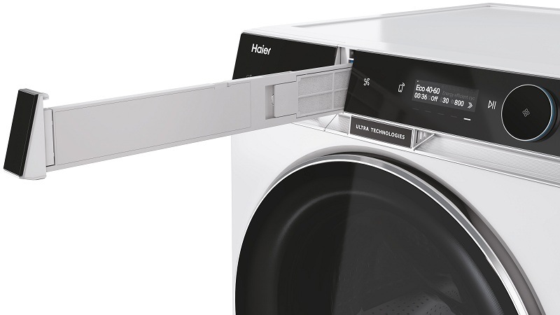 práčka so sušičkou haier HWD120BD16397EUS s otvoreným šuplíčkom na prachový filter