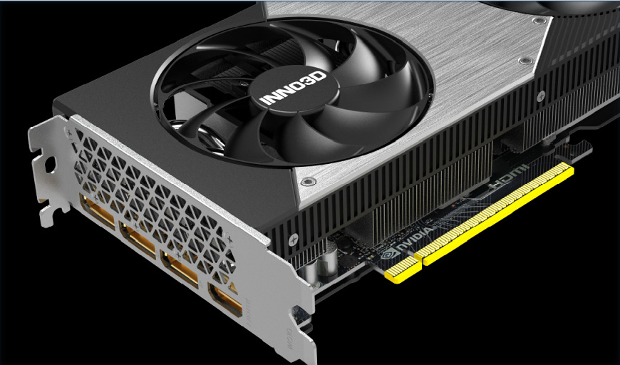 Detail výstupného panelu grafickej karty INNO3D RTX 5060 Ti Twin X2 s portami HDMI a DisplayPort