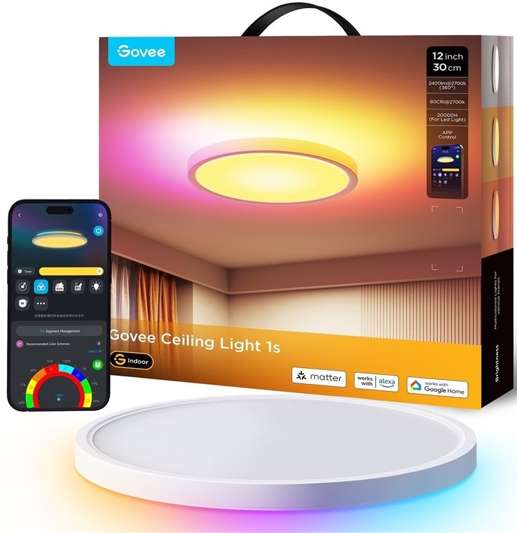 Predajné balenie Govee Ceiling Light 1s RGBICWW 30 cm 2400 lm s podporou Matter