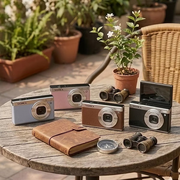 Digitálny fotoaparát Yashica Tank čierny Fotoaparáty Yashica Tank v niekoľkých farebných prevedeniach vystavené na drevenom stole s doplnkami