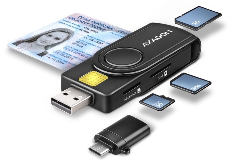 Čítačka eObčianok Axagon USB-A + USB-C PocketReader 4-slot + SD/microSD/SIM čierna