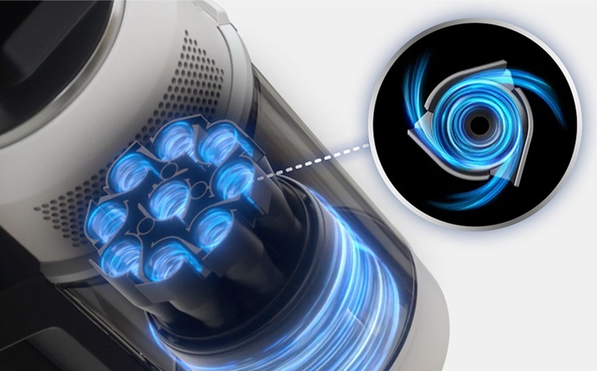 Tyčový vysávač Samsung Bespoke AI Jet VS80F28DES/GE béžový Detail cyklónovej filtrácie tyčového vysávača Samsung Bespoke AI Jet VS80F28DES/GE s modro znázorneným prúdením vzduchu