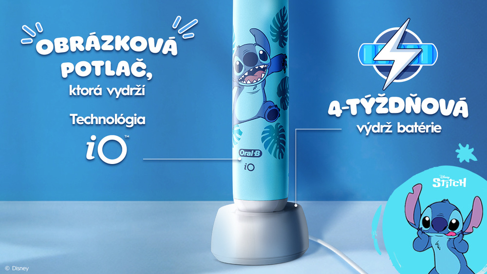 Zubná kefka Oral-B iO Kids 6+ Stitch + cestovné puzdro modrá Detská kefka so Stitch motívom má odolnú obrázkovú potlač a až 4-týždňovú výdrž batérie.