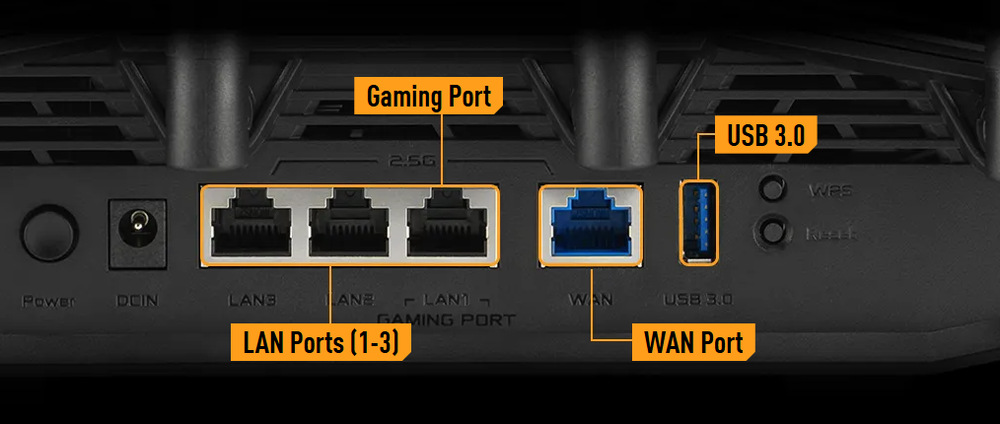 Router Asus Herní TUF-BE9400 3-pásmový WiFi7, AiMesh čierny ASUS TUF Gaming BE9400 je vybavený hneď štyrmi 2,5 Gb/s portami