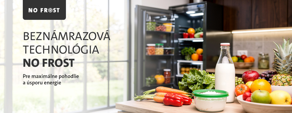 Otvorená chladnička ETA v kuchyni a čerstvé potraviny s textom Už žiadne odmrazovanie s inteligentnou technológiou NO FROST ADAPT+