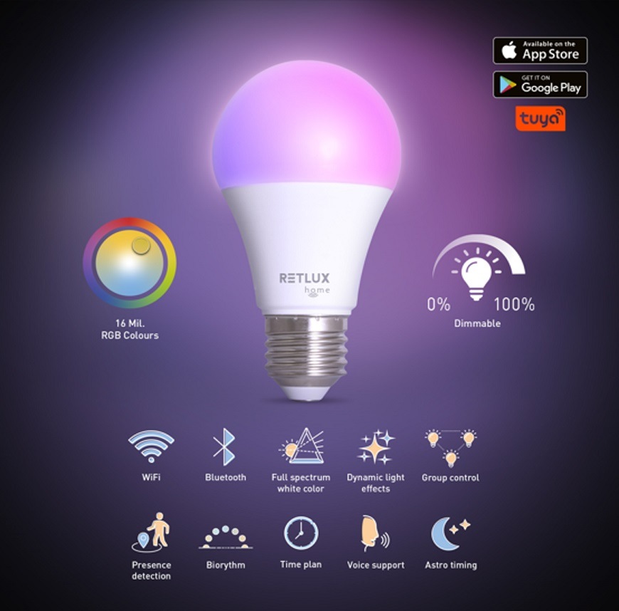 Inteligentná žiarovka RETLUX RSH 102, A60, E27, 9W, RGB, CCT Inteligentná žiarovka RETLUX RSH 102, A60, E27, 9W, RGB, CCT