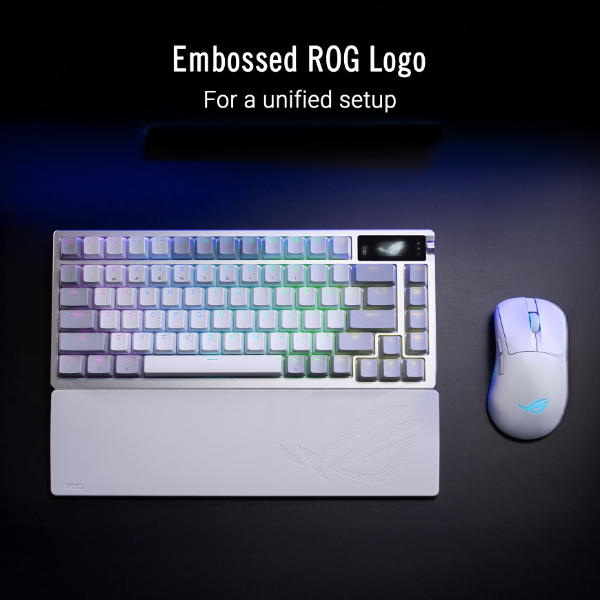 Opierka zápästia Asus ROG Keyboard Wrist Rest čierna Opierka zápästia Asus ROG Keyboard Wrist Rest – biele prevedenie s embosovaným logom ROG vedľa klávesnice a myši