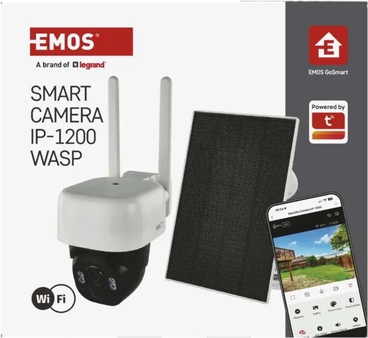 IP kamera EMOS GOSMART venkovní, Wi-Fi IP-1200 WASP 5MPX biela Produktové balenie kamery EMOS Smart Camera IP-1200 WASP. Na bielej krabici je vyobrazená otočná kamera s dvoma anténami, solárny panel, ukážka mobilnej aplikácie a logá EMOS GoSmart, Tuya a Wi-Fi.