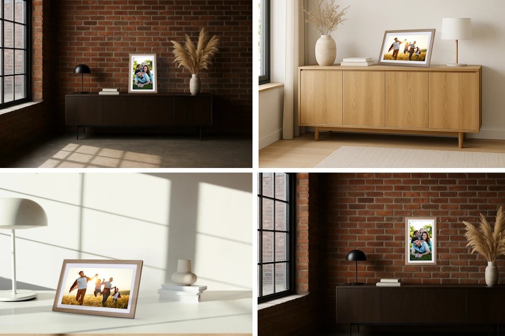 Elektronický fotorámček Rollei WiFi 212 hnedý Variácia fotografií digitálneho fotorámika Rollei WiFi 152 zaveseného na stenu, postaveného na stôl a na komodu