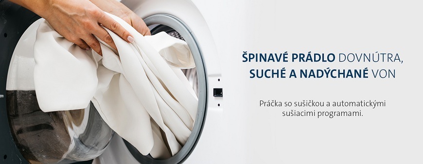 Infografika práčky so sušičkou ETA 388190001AD zdôrazňujúca automatické sušiace programy. Na obrázku sú ruky vkladajúce bielizeň do bubna s textom: Špinavé prádlo dovnútra, suché a nadýchané von
