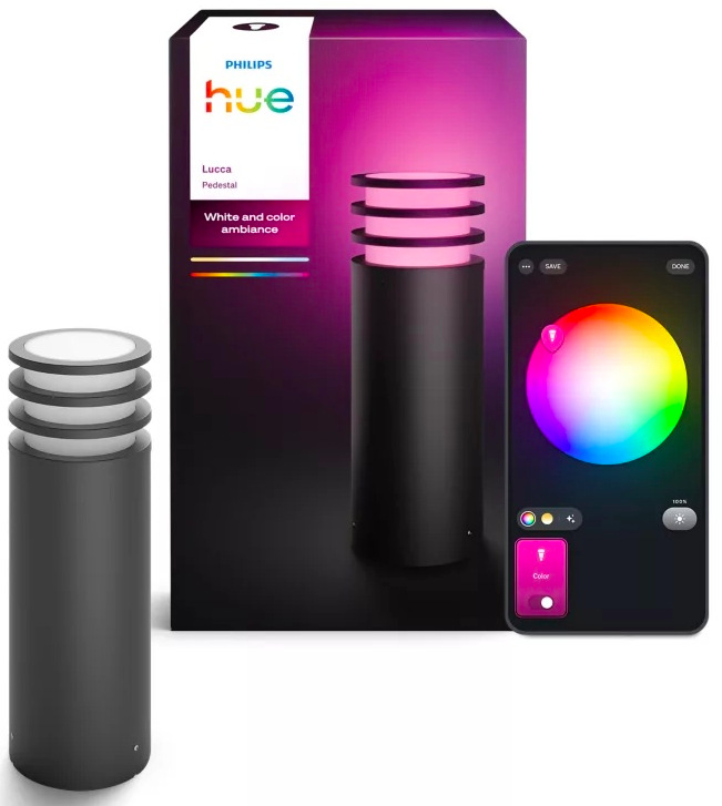 Svietidlo vonkajšie Philips Lucca Hue pedestal 1xA60 WCA čierne Svietidlo Philips Lucca Hue s obalom a výberom farby svetla v mobilnej aplikácii