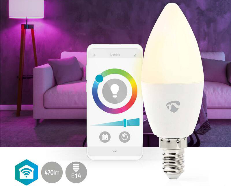 Inteligentná žiarovka Nedis SmartLife sviečka, Wi-Fi, E14, 470 lm, 4.9 W, RGB / Teplá - studená biela Inteligentná žiarovka Nedis SmartLife sviečka, Wi-Fi, E14, 470 lm, 4.9 W, RGB / Teplá - studená biela