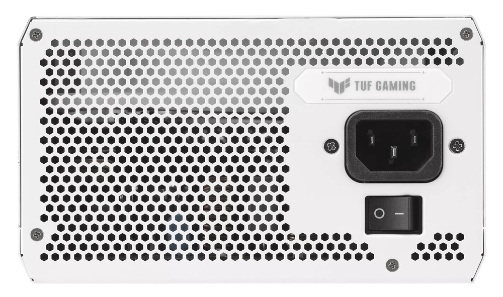 Zdroj Asus TUF Gaming 1000W WHITE 80+ Gold Na snímke je zadná strana s otvormi pre vetranie a napájací port s vypínačom.
