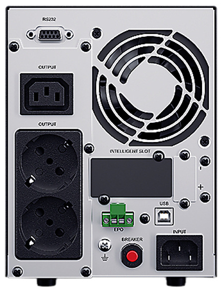 Záložný zdroj CyberPower OnLine S UPS 1000VA/900W, Tower čierny Na obrázku je zadný panel záložného zdroja Cyber Power Systems OnLine S 1000VA/900W (Tower). Vpravo hore je veľká kruhová mriežka ventilátora na chladenie. Vľavo sú výstupné zásuvky - hore jedna obdĺžniková a pod ňou dvojica okrúhlych zásuviek. Hore vľavo je konektor RS232 pre komunikáciu, dole uprostred je USB port a vedľa neho malé svorky/port pre doplnkovú komunikáciu. Dole je červené tlačidlo ističa (BREAKER) a vpravo dole napájací vstup so spínačom.