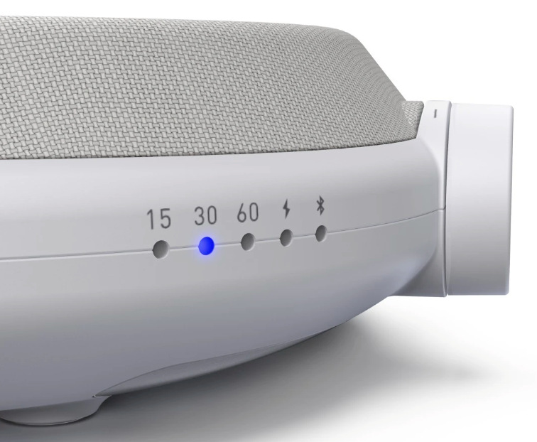 Prenosný reproduktor Hama Calm biely Detail indikátorov časovača, nabíjania a Bluetooth na reproduktore Hama Calm