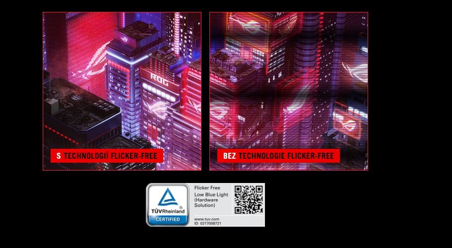 Rozdelený obrázok porovnávajúci mestskú scenériu s technológiou bez blikania a bez nej. Ľavá strana je ostrá, pravá strana je rozmazaná. Obsahuje logo certifikácie TÜV Rheinland.