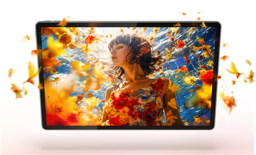 Tablet Lenovo Idea Tab Plus 8 GB / 256 GB + dotykové pero tmavo šedá Žena s farebným pozadím na obrazovke tabletu Lenovo
