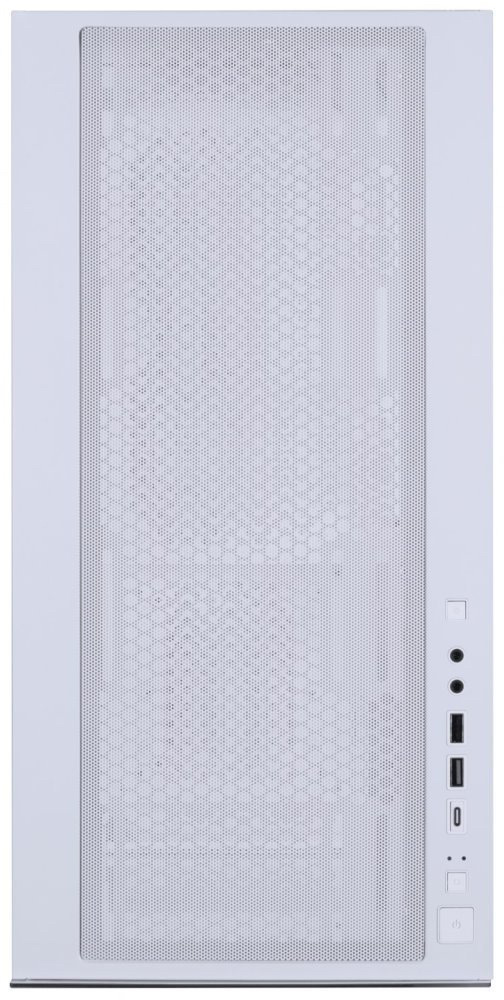 Case BitFenix CETO biela Na fotke je horné veko skrine, ktoré tvorí hlavne veľká perforovaná mriežka (vetranie) a I/O panel je sústredený do úzkeho pruhu na pravom prednom okraji. V tom pruhu sú porty v jednom rade – vidieť ich 1× USB-C a 2× USB-A (USB 3.0), doplnené o audio konektory (slúchadlá + mikrofón), a úplne pri rohu sú tlačidlá: väčšie okrúhle Power a vedľa neho menšie LED/Reset.