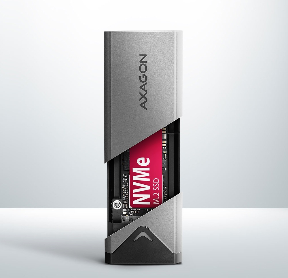 Externý rámček Axagon Silver Arrow box, USB-C 10 Gbps - M.2 NVMe SSD strieborný Externý rámček Axagon Black Arrow box s vloženým diskom SSD NVMe M.2