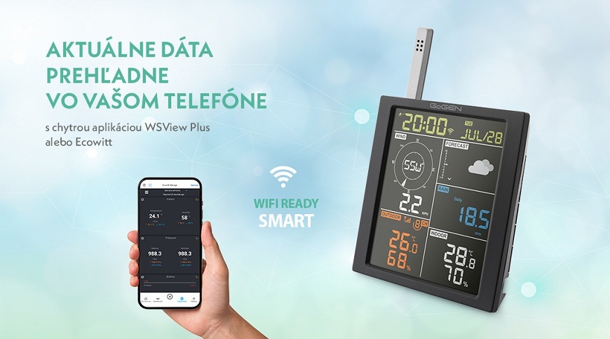 Meteorologická stanica GoGEN ME 3700 WiFi čierna Meteostanica GoGEN ME 3900 s hlavnou jednotkou zobrazujúcou namerané informácie a všestranným senzorom s korouhvou na pozadí