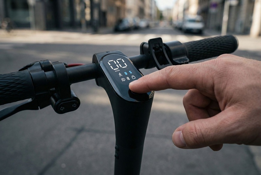 Elektrická kolobežka Sencor SCOOTER S21 čierna Detail riadidiel elektrickej kolobežky Sencor SCOOTER S31 s prehľadným digitálnym displejom zobrazujúcim rýchlosť a stav jazdy. Užívateľ ovláda kolobežku jednoduchým dotykom tlačidla priamo na paneli. Rozostrené mestské ulice v pozadí podčiarkujú každodenné využitie a intuitívne ovládanie počas jazdy.