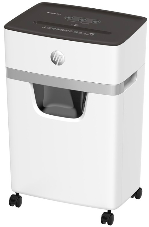 Skartovač HP OneShred 15CC - biely kancelársky skartovač na kolieskach, predný pohľad