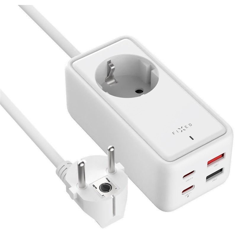 Kábel predlžovací FIXED Charging Strip 2x USB-C a 2x USB, GaN III, PD 65W, 1,5 m biely