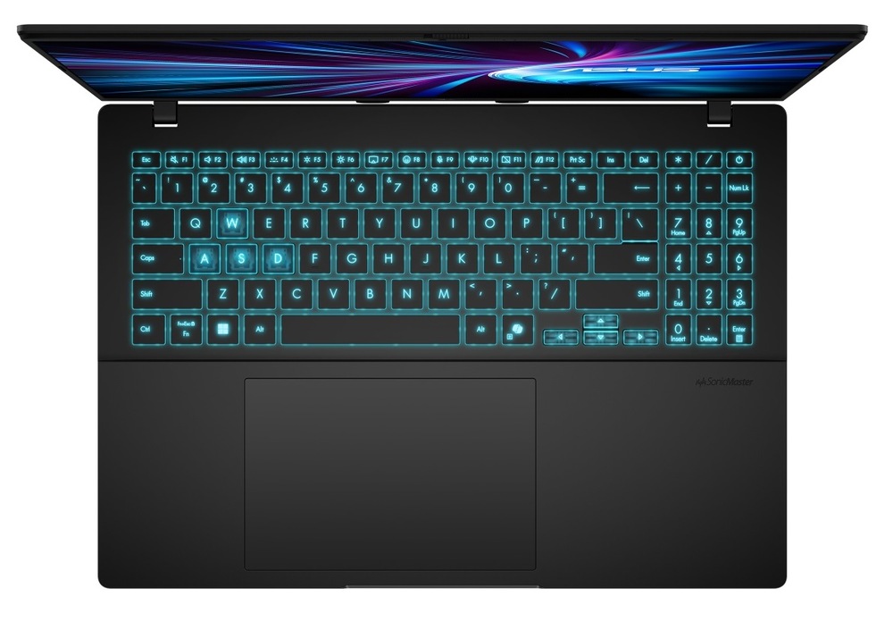 Notebook Asus V16 čierny Pohľad na modrú klávesnicu zhora notebooku Asus V16 (V3607VM-RP014)
