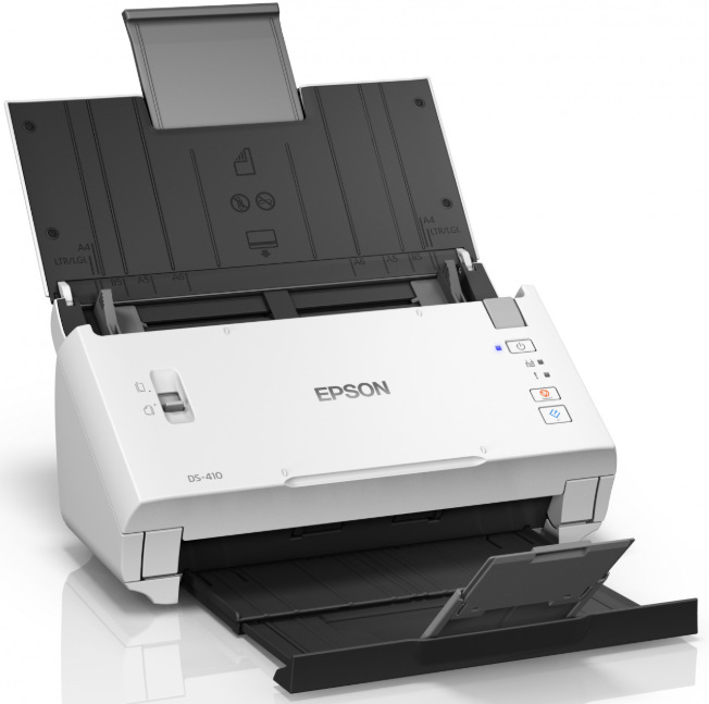Skener Epson WorkForce DS-410 s vyklopenými zásobníkmi na pohodlné podávanie dokumentov