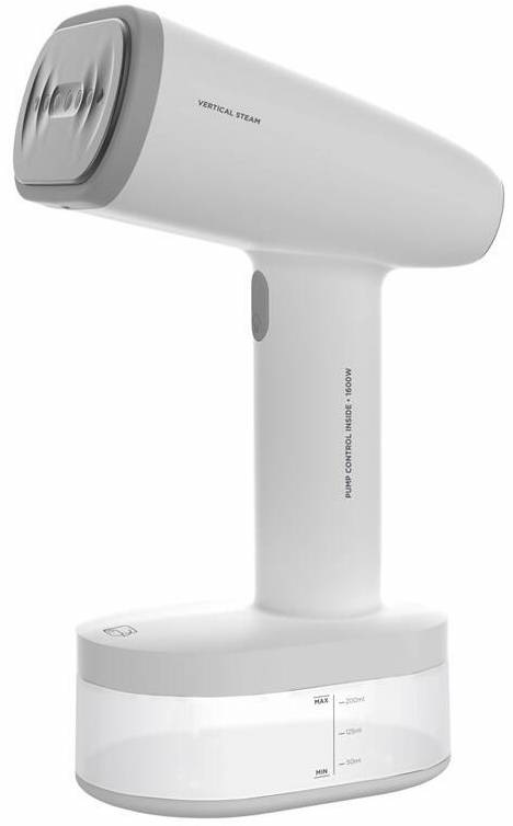 Ručný naparovač odevov Black+Decker BXGS1600E v bielej farbe s nádržkou na vodu a kompaktným ručným prevedením