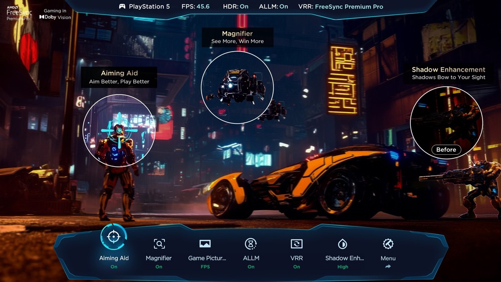 Televízor TCL 65Q7D PRO Hra, kde je auto a robot a zobrazený panel prístupov