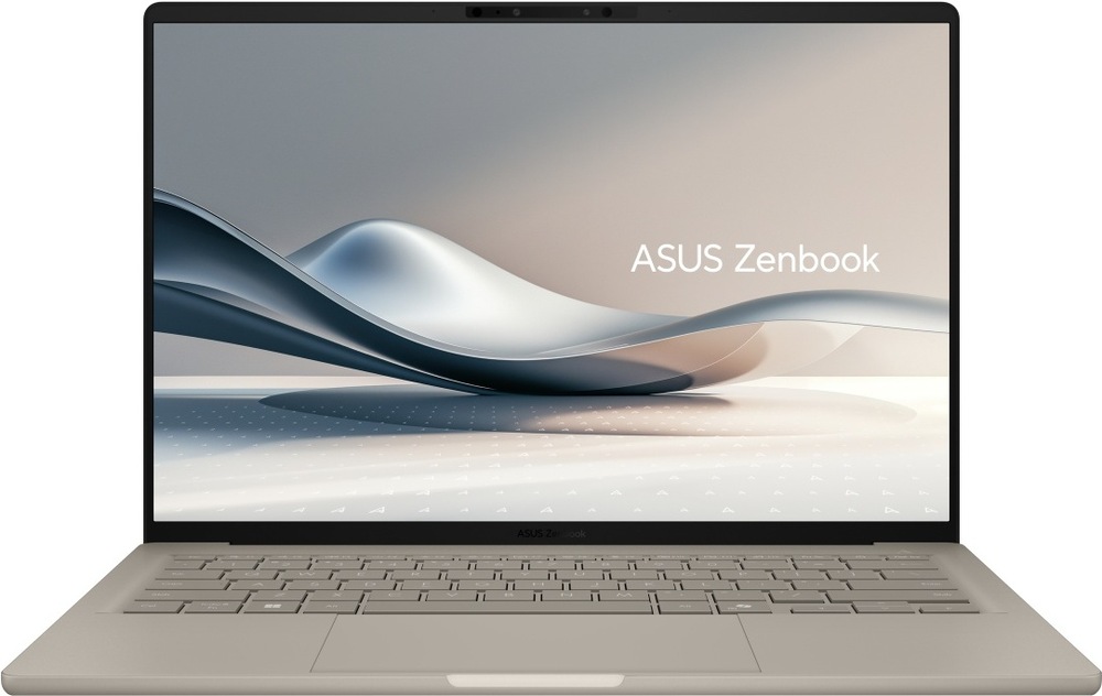 Predný pohľad na Zenbook A14 s ostrým rozlíšením a tenkými rámčekmi
