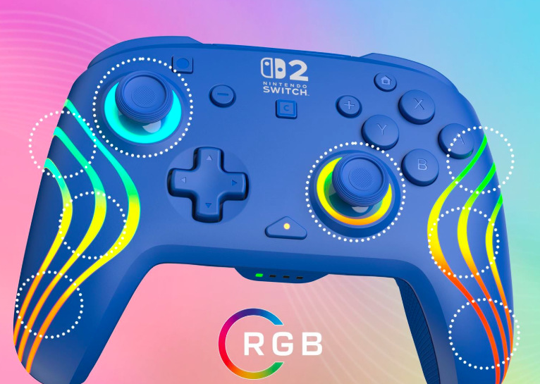 Osem samostatných RGB zón modrého gamepadu Afterglow Wave s farebnými efektmi
