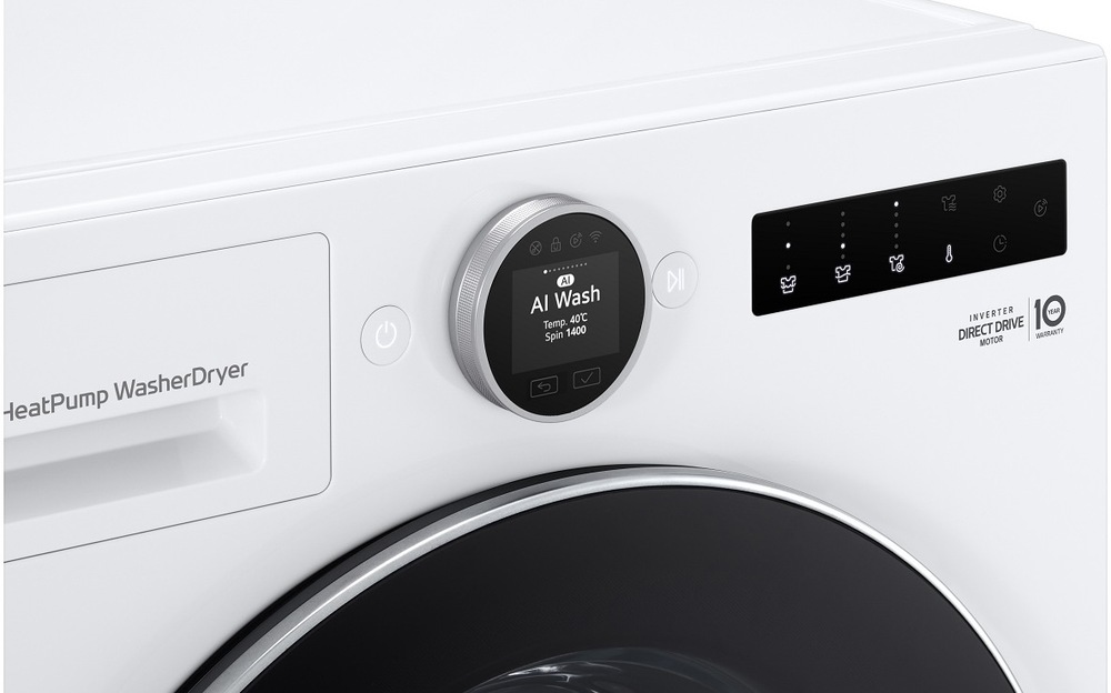 Práčka so sušičkou LG WHX9096TLC biela Detailný pohľad na ovládací panel práčky LG s displejom AI Wash a strieborným voličom.