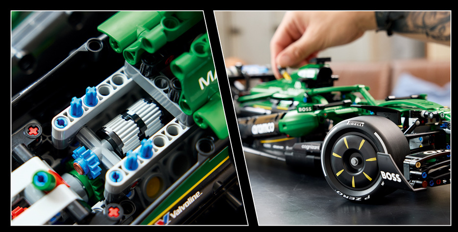 Stavebnica LEGO® Technic 42240 Auto F1® Aston Martin Aramco AMR25 Model ukrýva motor V6, diferenciál, prevodovku a odpruženie, ktoré spoločne vytvárajú funkčný celok.