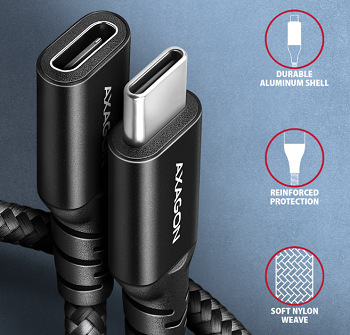 Kábel Axagon predlžovací USB-C samec / USB-C samica, 0.5m, PD 240W, 8K HD, pletený čierny Axagon USB-C vidlica/zásuvka USB-C