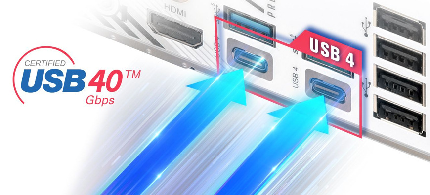 Detail zadného panelu ASRock X870 PRO RS WIFI s portami USB4 40 Gb/s pre rýchle pripojenie