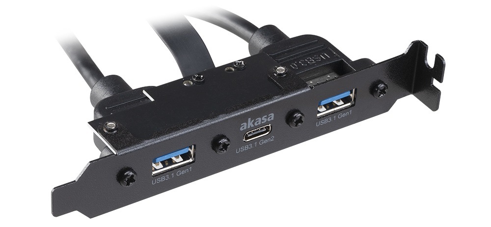 Adaptér AKASA USB3.1 Gen2 internal adapter cable & dual Gen1 Type-A Ports čierny AKASA USB3.1 Gen2 interný adaptér cable & dual Gen1 Type-A Ports rozšíri konektivitu počítača o USB-C a dve USB-A