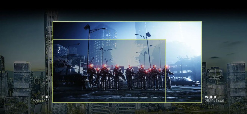 Herný monitor MSI MAG 274QRFW E20 biely Dystopická mestská krajina s futuristickými vojakmi vo formácii, žiariacimi červenými očami, pod temnou, zlovestnou oblohou. Prekrývajúce sa živé porovnanie rozlíšenia displeja.