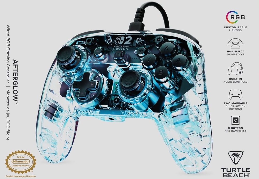 Gamepad Turtle Beach Afterglow Wired RGB, NS2 priehľadný úvodný obrázok gamepadu Turtle Beach Afterglow Wired RGB, vedľa neho sú v bodoch anglicky vypísané najdôležitejšie funkcie.