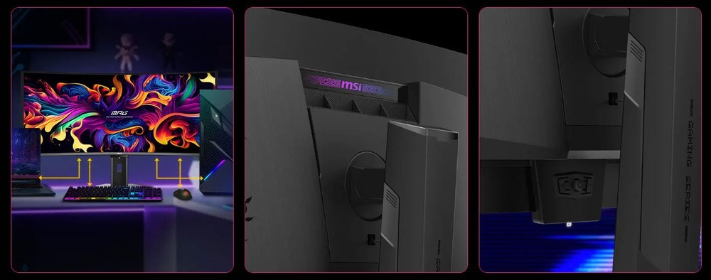 Herný monitor MSI MPG 341CQR QD-OLED X36 z predného, ​​zadného a bočného pohľadu