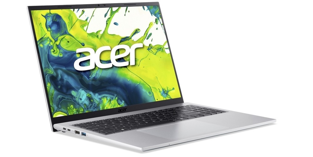 Notebook Acer Aspire Go 16 (AG16-71P-56UC) strieborný Zapnutý a otvorený notebook Acer Aspire Go 16 (AG16-71P-54KA) otočený doprava